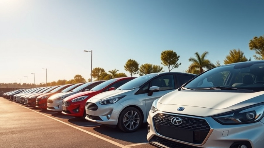 Row of modern cars parked under sunny sky, highlighting average new car cost.