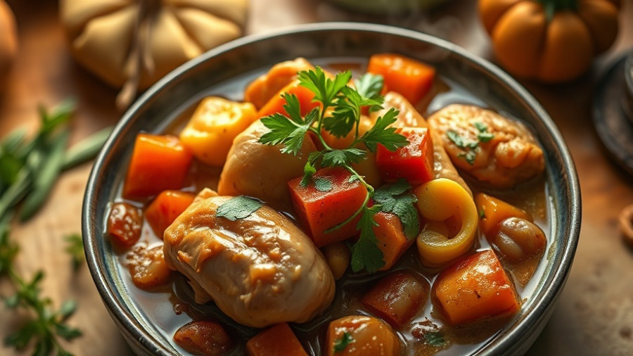 Hearty chicken and vegetable stew recipe, colorful and fresh.