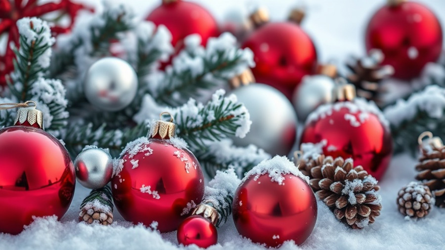 Festive holiday ornaments and pine cones in snowy winter scene.