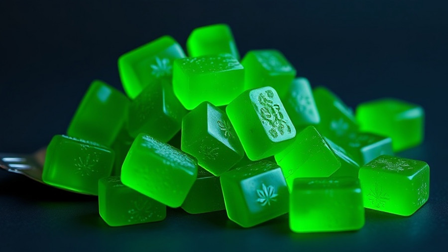 Green cannabis gummy candies on package resembling Halloween treats.