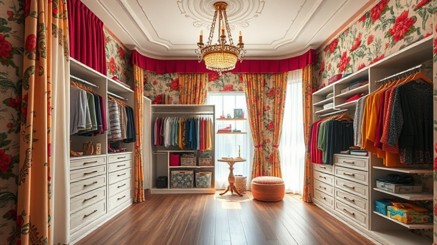 Colorful curtains in a vibrant walk-in closet with elegant decor.
