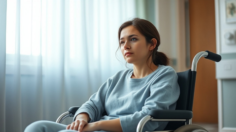 Woman in wheelchair reflecting in hospital setting, trauma and chronic health conditions context.