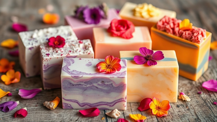 Handmade soap bars with flower petals display benefits of natural ingredients.