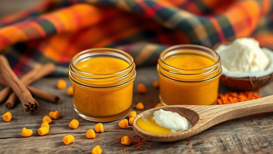 Warming turmeric and cayenne pain-relief balm in glass jars on wooden surface.