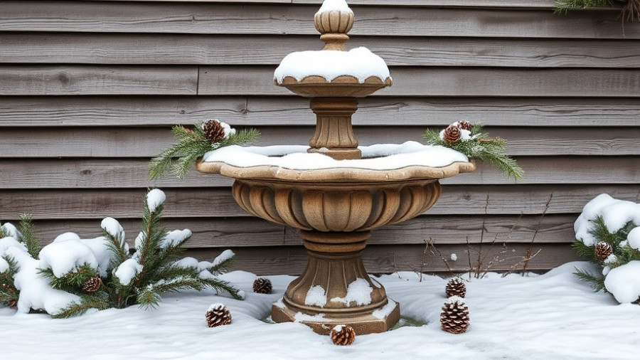 Ornate stone water feature winterized with snow and foliage.