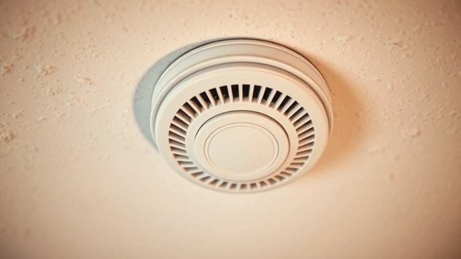 Close-up of a ceiling-mounted smoke detector showing details.