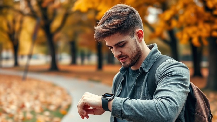Casual young man checking smartwatch outdoors, autumn park.
