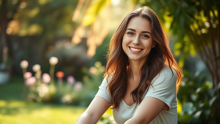 Smiling woman outdoors in a garden, relaxed atmosphere.