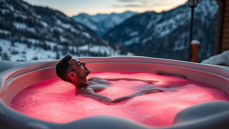Guide to Winterization: Person relaxing in snowy hot tub at dusk.