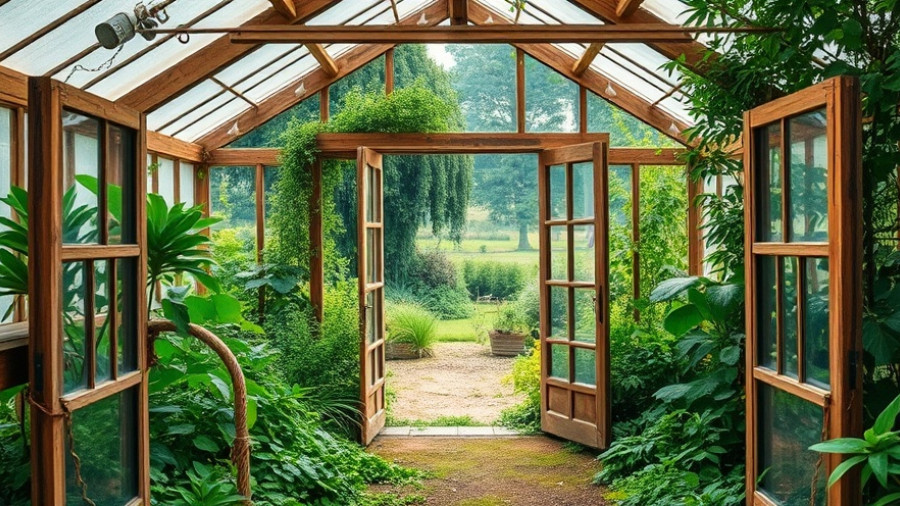 Greenhouse entrance with plants, lush garden surroundings.
