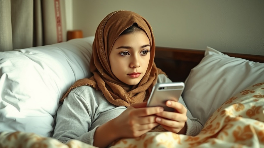 Thoughtful young person with headscarf in bed, using phone, living with long-term illness.