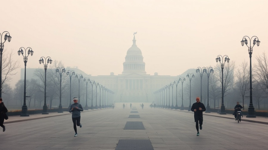 Joggers amidst Delhi smog crisis on a hazy boulevard.