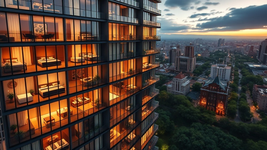 Modern condo building showcasing must-have condo amenities with warm lighting.