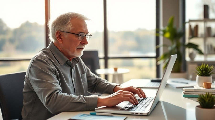 Older adult typing on laptop in bright office, highlighting budget cuts and their impact on older adults