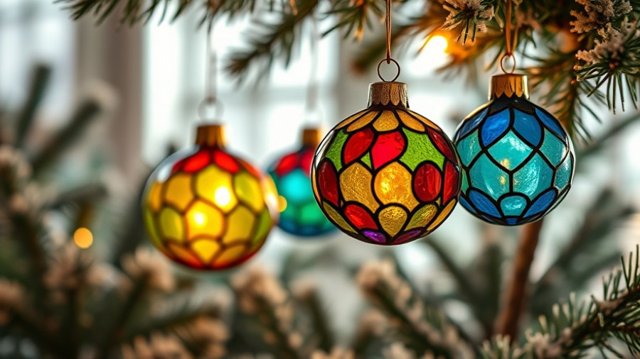 Vibrant stained glass ornaments hanging from frosted evergreen branches, DIY home decor.