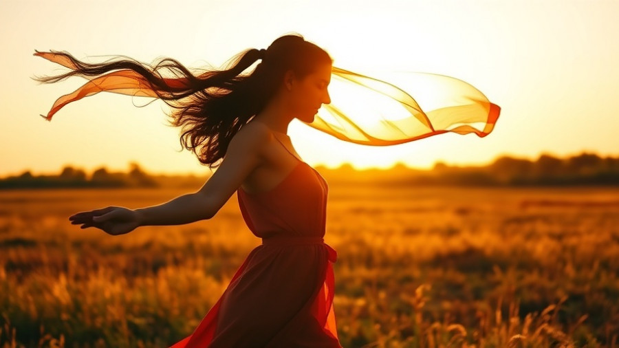 Silhouetted woman embracing sunlight in field for stress management.