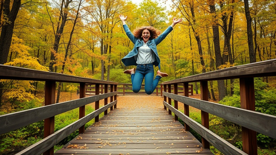 Joyful woman jumping on a bridge showcasing science-backed coping skills.