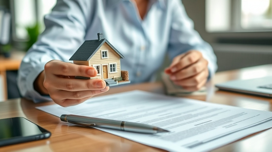 Businessperson holding house model and money at desk, real estate discussion.