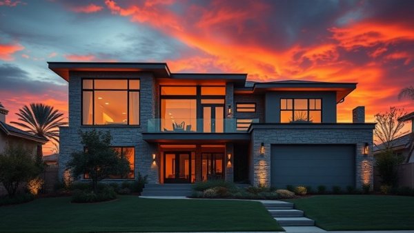 Modern two-story house with sunset sky, cash to close concept.