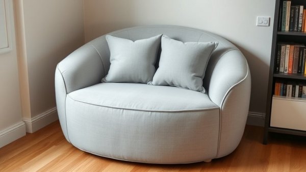 Plush light gray chair with pillows in a cozy corner, Drew Barrymore chair