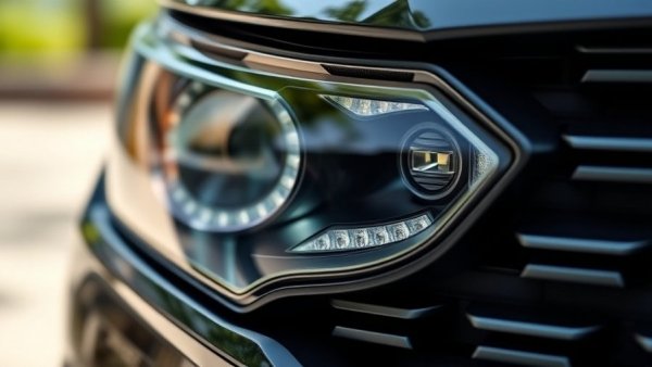 Close-up of sleek aftermarket car lights on a black grille, highlighting design.