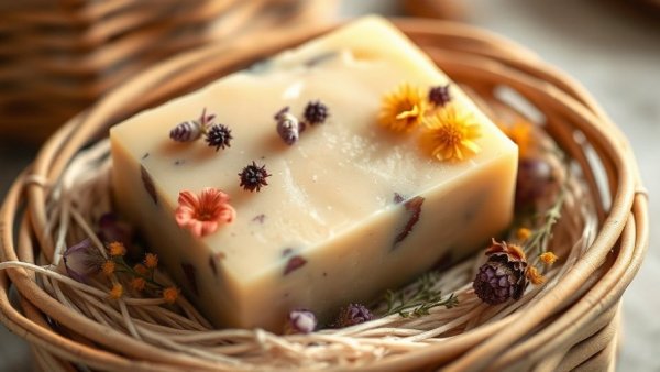 Handcrafted cold process soap with floral elements in a basket.