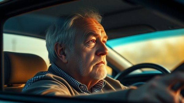 Elderly man driving a car in a senior living community setting.