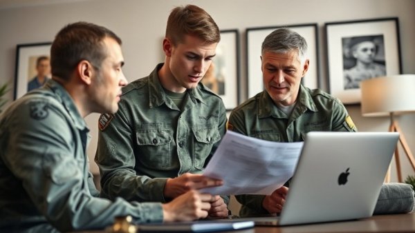 Military personnel discusses VA loan myths with advisor in office.