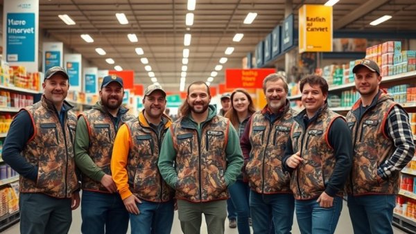 Group camaraderie in a home renovation store with camo vests.