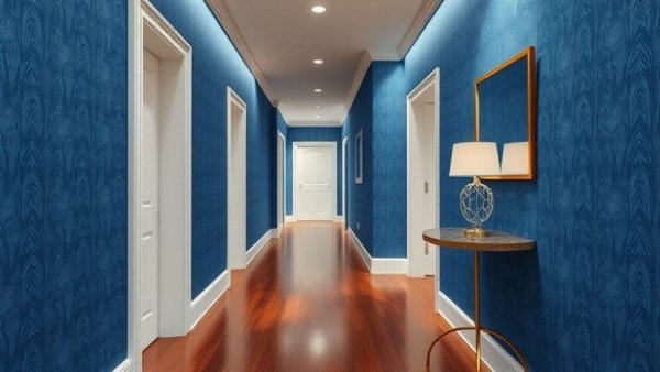 Stylish hallway with blue grasscloth wallpaper installation