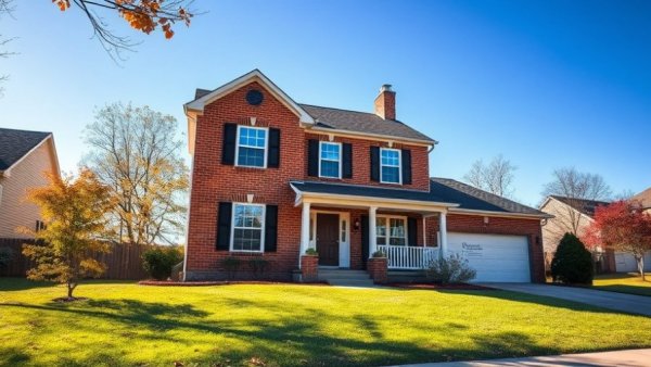 Brick house under blue sky representing unpacking after a move.