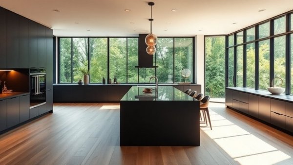 Modern kitchen interior with large island and open lighting.