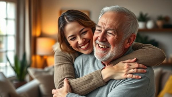 Joyful woman embracing elderly man in cozy living room, caregiving services