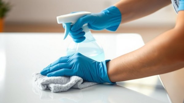 Blue-gloved hands cleaning a surface, declutter tips in action.