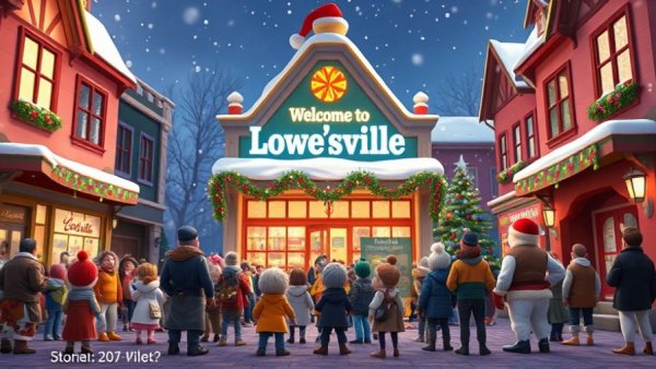 Charming snowy animated town with cartoon crowd in front of Lowe’s store, home renovation theme.