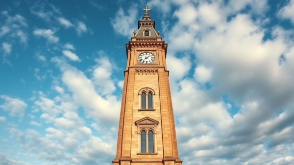 Tower against blue sky with clouds, modern architecture focus.
