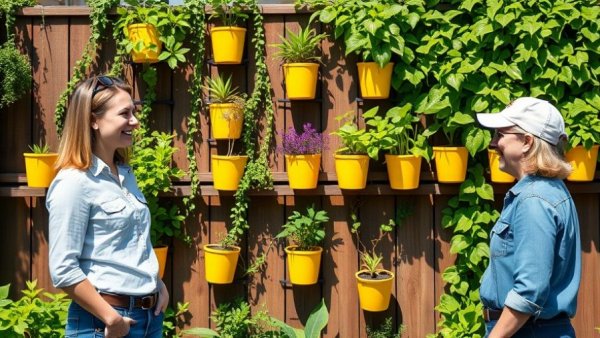 Upcycled gardening project discussion in a vibrant garden setting.