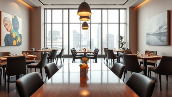 Modern dining room trends 2025 with abstract art and ambient lighting.