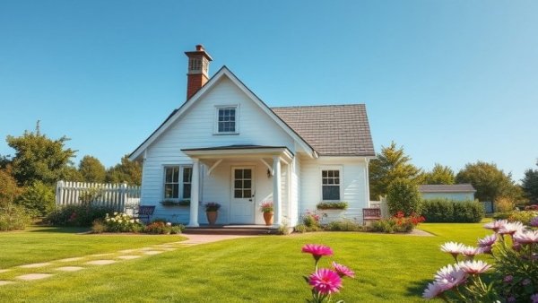 Charming white cottage with red roof for selling your house to an investor.