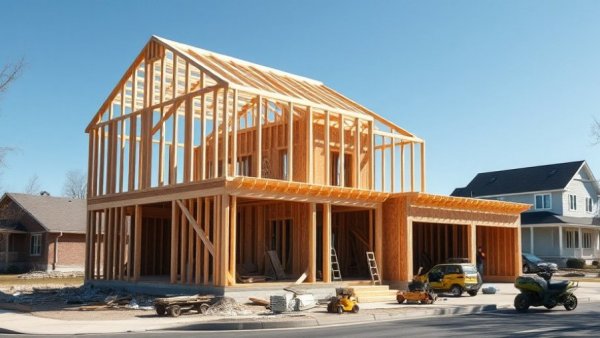 Unfinished wooden house under construction on a sunny day.