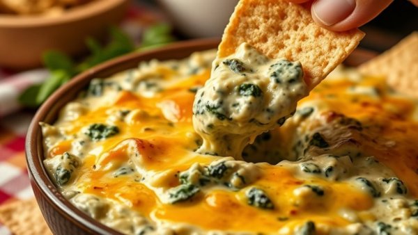 Spinach Artichoke Dip Recipe with cheesy topping and chips.
