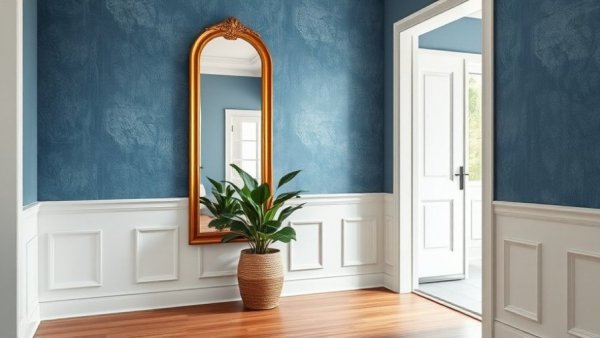 Modern foyer with gold-framed mirror and plant for lighting ideas.