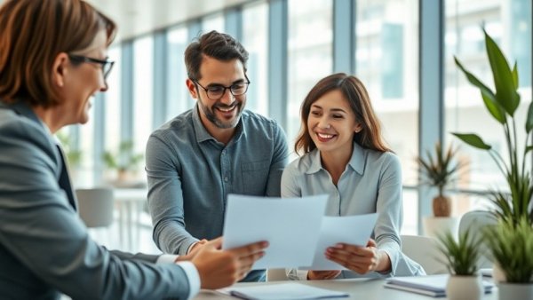 Couple reviewing mortgage options with advisor in bright office.