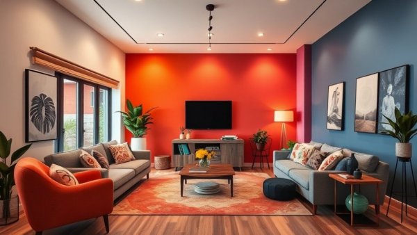 Modern living rooms with 2025 wall color combinations and vibrant decor.
