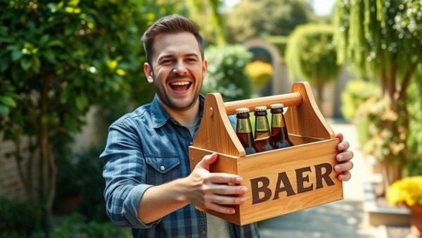 Man holding DIY beer caddy in garden, smiling.