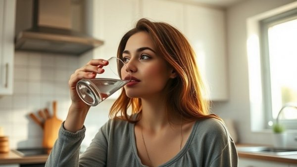 Young woman drinking water in kitchen, testing your water for forever chemicals.