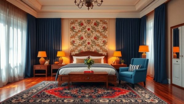 Charming bedroom with fabric headboard and detailed Persian rug.