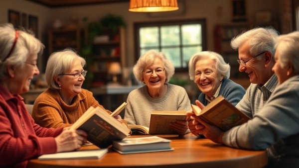 Older adults enjoying a book club session in a cozy room.