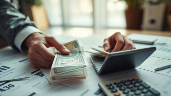 Person handling cash, calculator, and documents for Texas earnest money.