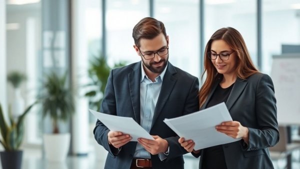 Two people discussing documents, earnest money vs. option fee, in an office space.